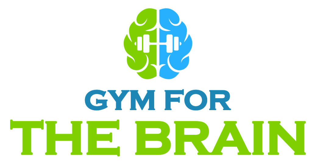 Green and Teal brain colored in half with text Gym for the Brain.